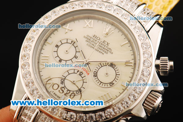 Rolex Daytona Chronograph Miyota Quartz Movement Diamond Bezel with Roman Numerals and White Dial - Yellow Leather Strap - Click Image to Close